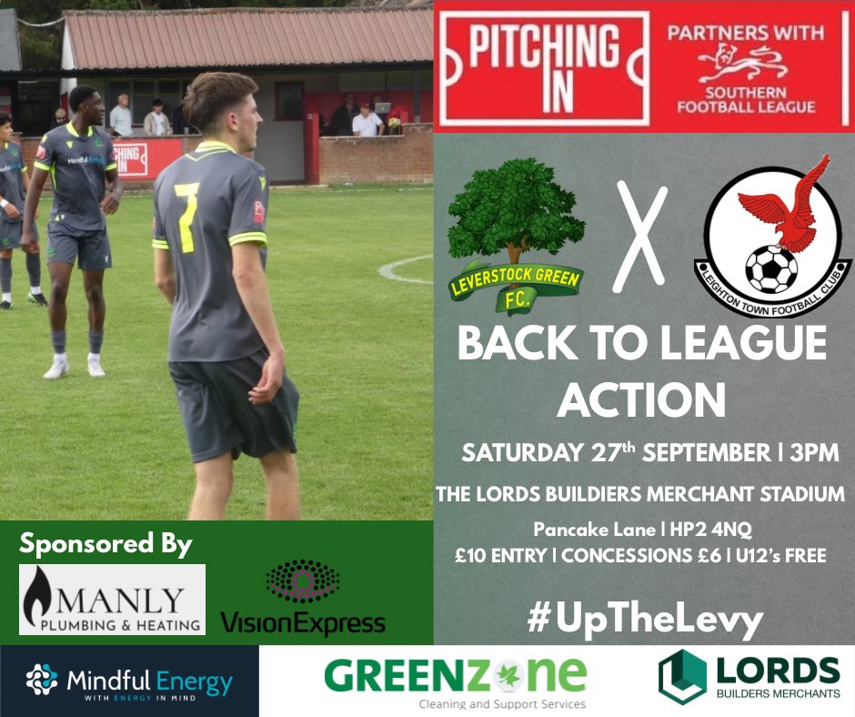 ⚽ BACK TO LEAGUE ACTION! ⚽

This Saturday we host <a href="/LeightonTownFC/">Leighton Town FC</a> as we get back to league action after 2️⃣ league away games

🏟️The <a href="/LordsBuildersM/">Lords Builders Merchants</a> Stadium 
📍 Pancake Lane, HP2 4NQ
⏰ 3PM KO
🎟️ £10 | £6 Concessions | U12s FREE

Let’s pack the Pancake! 💚 

#UpTheLevy