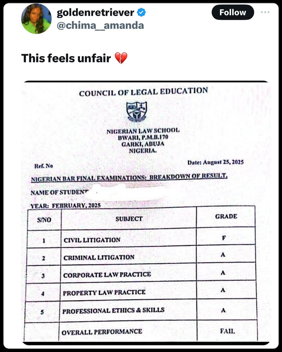 the_gistarena's tweet image. A Nigerian Law School result making waves online has everyone talking. 

What do you think?

Follow @the_gistarena to stay up-to-date 

#nigerianlawschool #lawschool #StudentsVsSystem #TrendingNow #nigerianstudents #the_gistarena