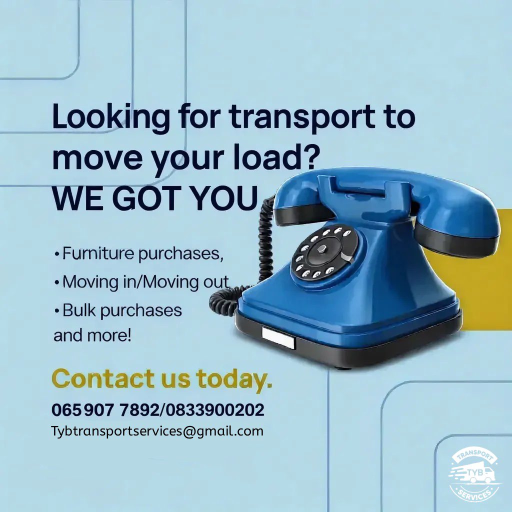 TYB_Transport's tweet image. TYB Transport: Your Trusted Moving Partner! 📦🏠
📱☎️:083 390 0202 / 065 907 7892
TYBtransportservices@gmail.com
#bush #capitec #MadlangaCommision
