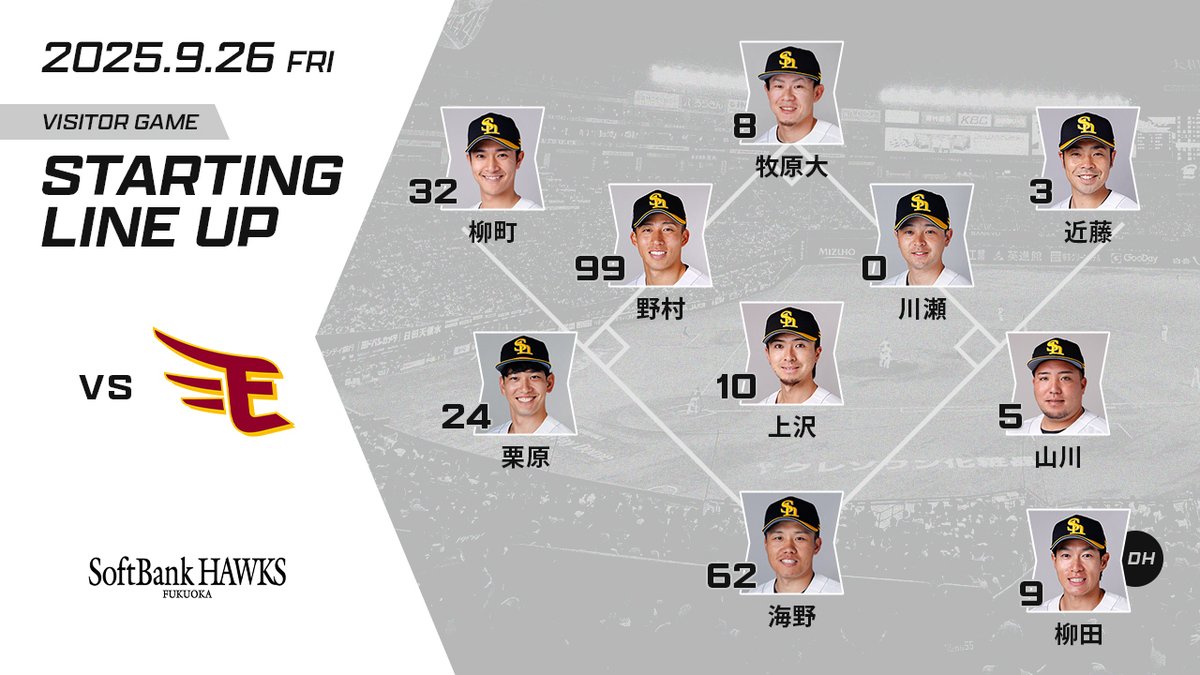 9月26日スタ☆メン】 1指 #柳田悠岐 2右 #近藤健介 3三 #栗原陵矢 4一