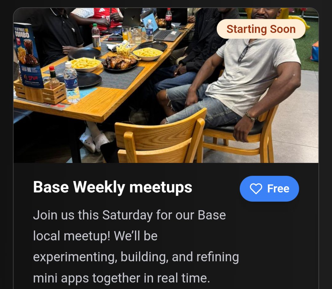 Got ideas? 🤔 Bring them to our <a href="/base/">Base</a> local meetup this Saturday! We’ll build mini apps together + talk about <a href="/base/">Base</a> Batches.

RSVP eventfi.site/events/b496663…

<a href="/Basedzambia/">Base Zambia</a> <a href="/BasedSouthernAF/">Base - Southern Africa</a>  <a href="/deriq_eth/">Derrick</a>  <a href="/jessepollak/">jesse.base.eth</a>  <a href="/Lady_Light_Lsk/">Liseli.base.eth</a> <a href="/buildonbase/">Base Build</a>
