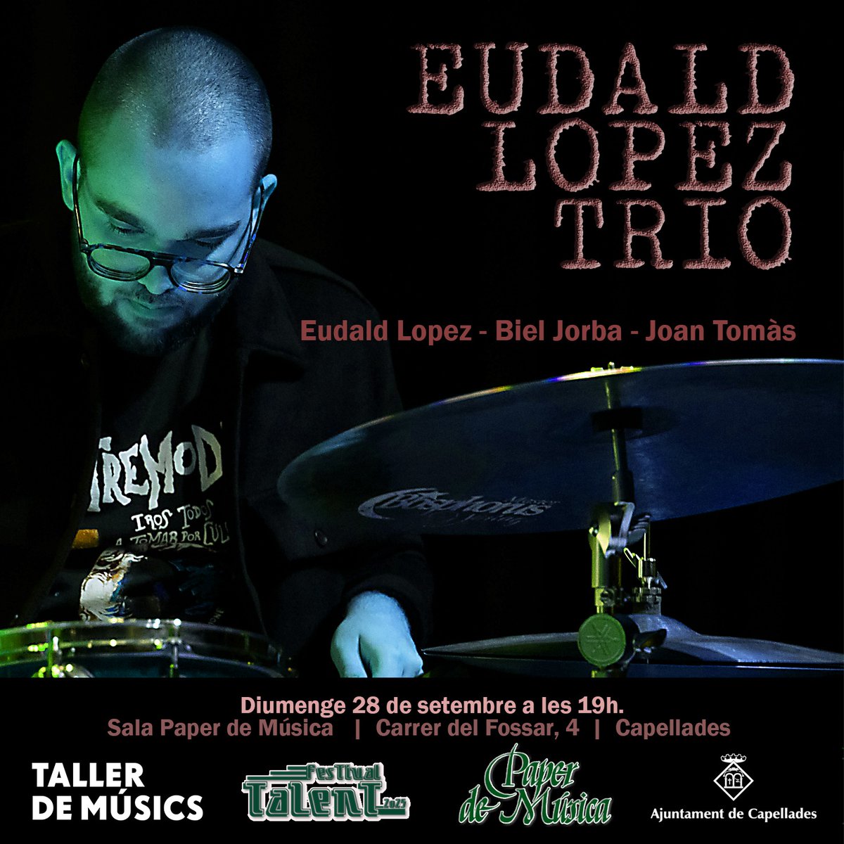 Aquest diumenge no et perdis el Concert d'Eudald López Trio,  dins el marc del Festival Talent.

Aquest projecte explora el llenguatge desenvolupat per Eudald López al llarg de la seva trajectòria com a bateria aplicat dins de la formació de trio de jazz. 

19h, Paper de Música.