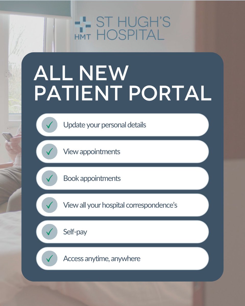 HMTStHughs's tweet image. Are you using our online portal to manage your healthcare?

HMT Patient Plus is a new system designed to give you the control, making your healthcare easy and convenient to manage.

 hmtsthughs.org

#HMT | #PatientPlus | #HealthcareSystem | #BookOnline | #StHughsHospital