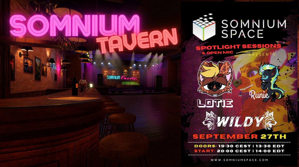 Attention furries &amp; #VR pals 🐱🐹🐼  Tomorrow's Spotlight Session at the iconic <a href="/SomniumSpace/">Somnium Space</a> Tavern goes FULL FURRY with live sets from Runie, Wildy and Lotie + Open Mic! 🎤 Don your avatars, snag wearables and join the fun. September 27 - doors open 19:30 CEST/13:30 EDT 🎶
