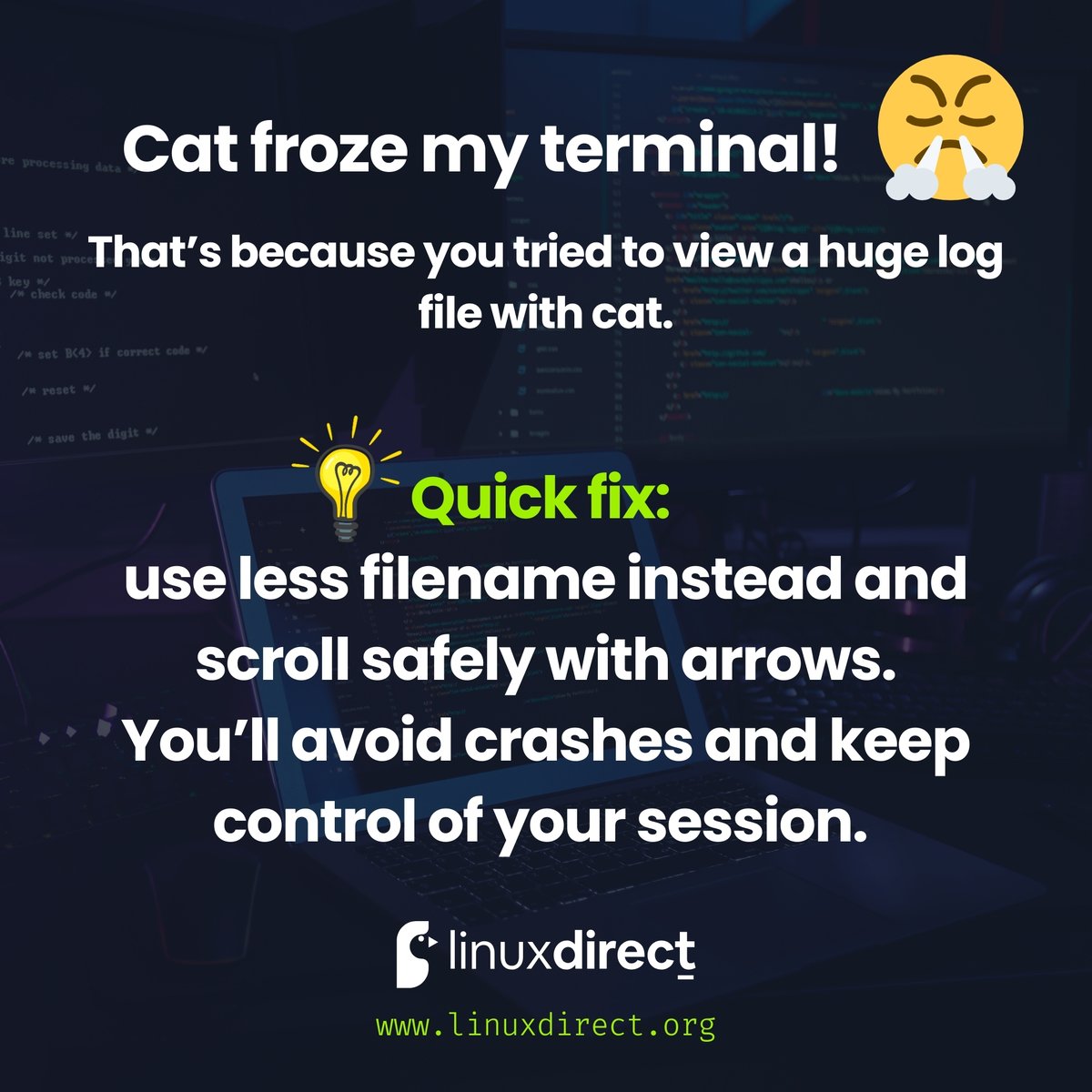 LinuxDirect_'s tweet image. 🌍 OFFICIAL WEBSITE: linuxdirect.org
😤 “Cat froze my terminal!”
👉 Quick fix: Use less filename instead — scroll safely without breaking your session.
📌 Save this for your next log file troubleshooting!
#LinuxDirect #LinuxTips #LinuxProblems #LearnLinux #LinuxTraining