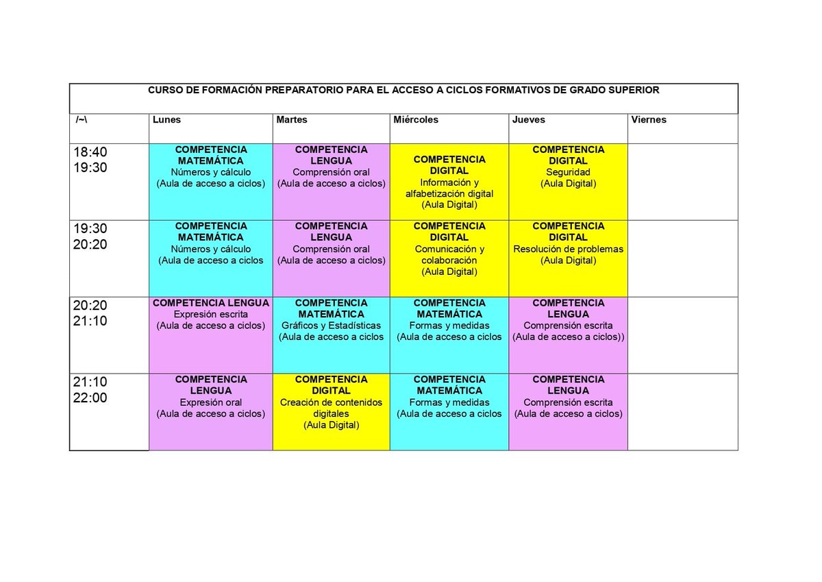 Horario del curso preparatorio de acceso a Grado Superior