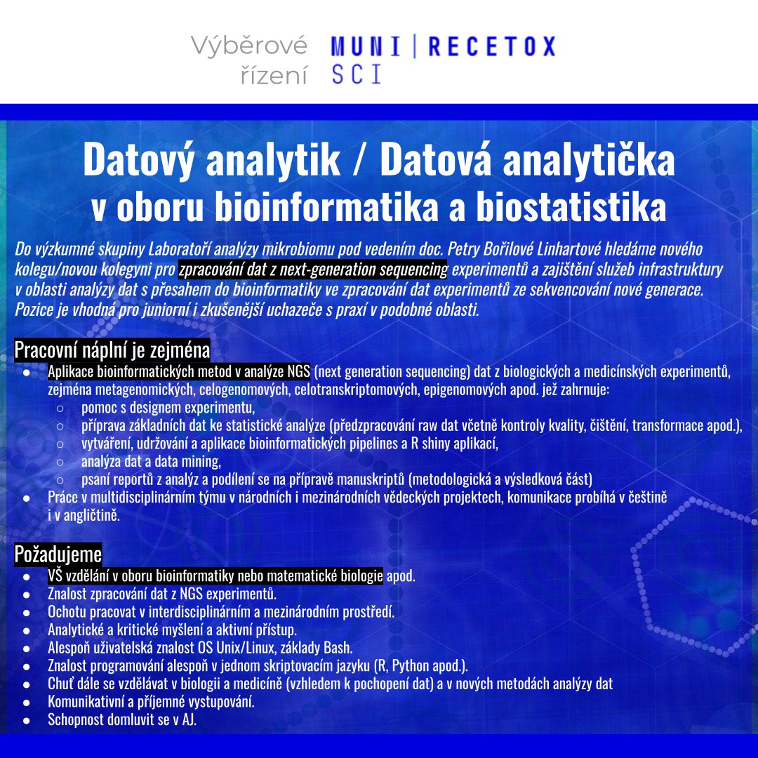 researchjobs_cz's tweet image. Výběrové řízení @RECETOX: Datový analytik / Datová analytička v oboru #bioinformatika a #biostatistika
Více na: researchjobs.cz/nrCpm
#jobs #Brno #bioinformatik #biostatistik #dataAnalyst