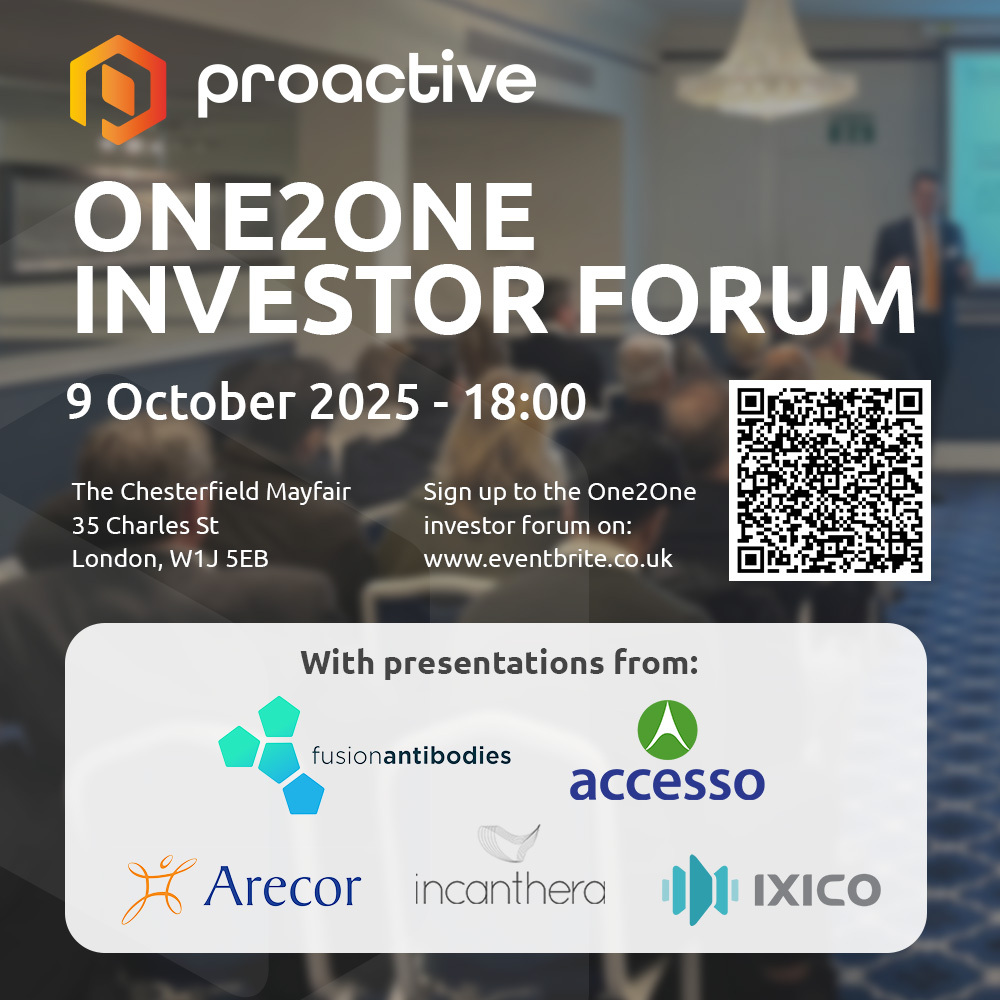 proactive_x's tweet image. Join us at the Proactive One2One Investor Forum on Thursday 9th October from 6:00pm in Mayfair. We have a very exciting line-up of companies confirmed to present at this event. Presenting on the night will be @incantheraplc, @accessoTech, @FsnAntibodies,  @IXICOnews  &amp;amp;…
