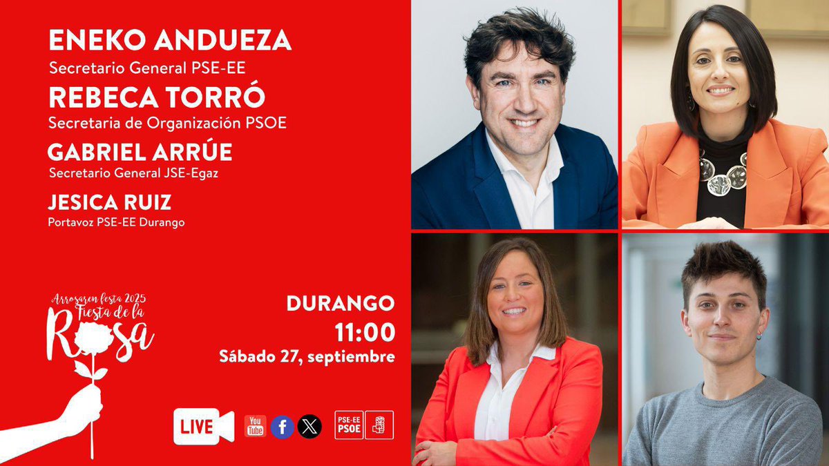 🌹🎉

L@s socialistas de Ibaiondo estaremos este sábado en #Durango junto con el resto de compañer@s de <a href="/socialistavasco/">Socialistas Vascos - Euskal Sozialistak / ❤️</a> en una cita tan especial como la #FiestaDeLaRosa.

Retomamos así un día muy especial en el que contaremos con la Sª de Organización del <a href="/PSOE/">PSOE</a> , <a href="/Rebeca_Torro/">Rebeca Torró/❤️</a>.
