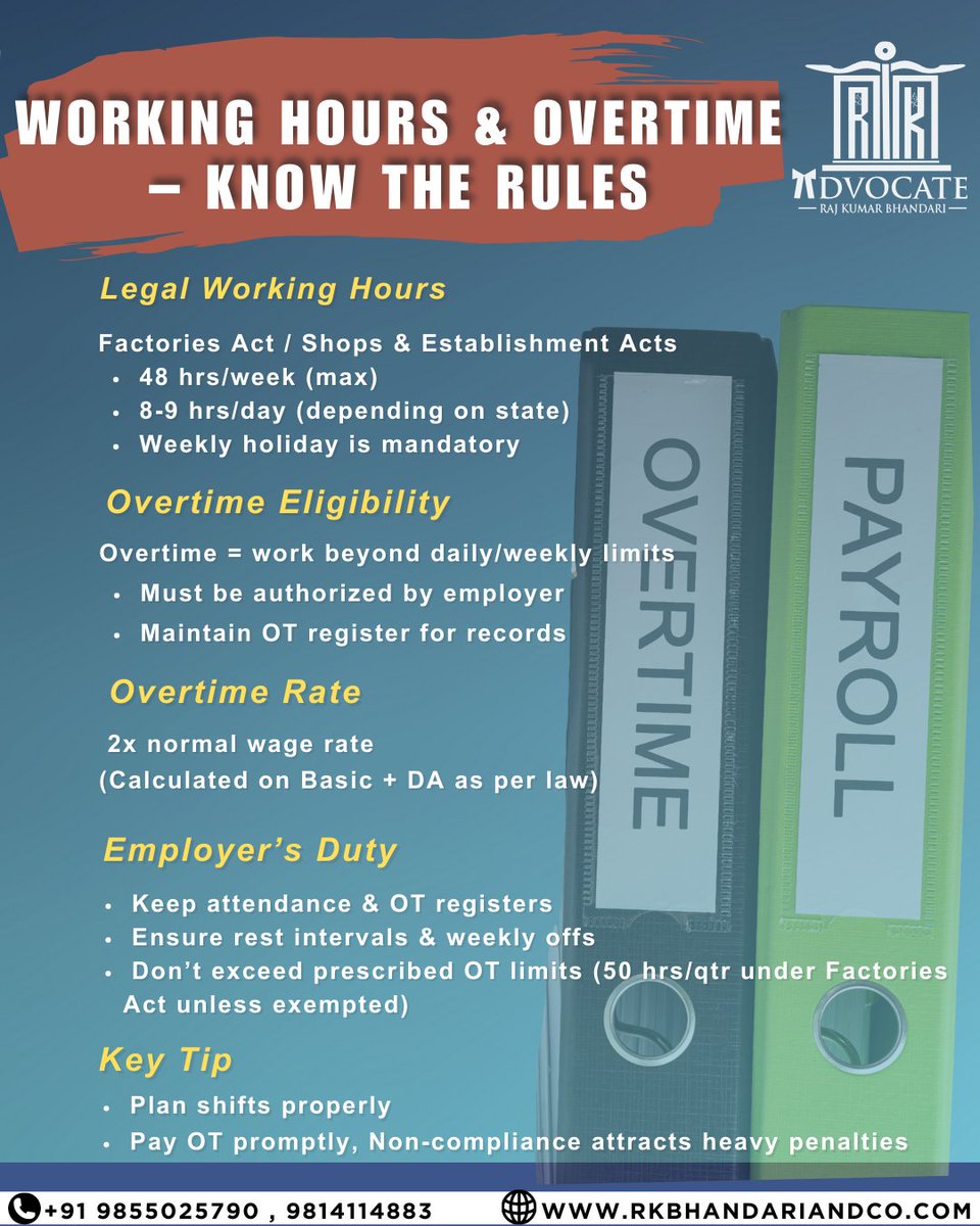 co_prabal's tweet image. 📞 For guidance on working hours, overtime, and compliance, contact:
📱 98141-14883 | 98550-25790
#WorkingHours #OvertimeRules #LabourLaw #EmployeeRights #HRCompliance #FactoriesAct