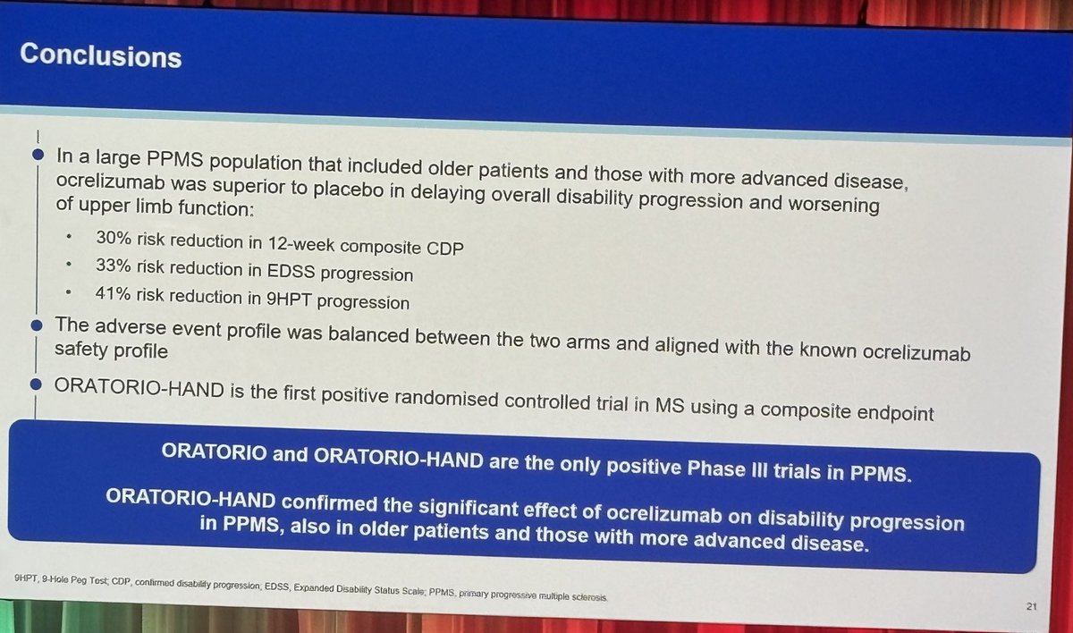 Late Breaking #ECTRIMS2025. Prof Giovannoni presents the first study demonstrating the benefit of a DMT (ocrelizumab) in pwMS who are EDSS &gt; 6.5