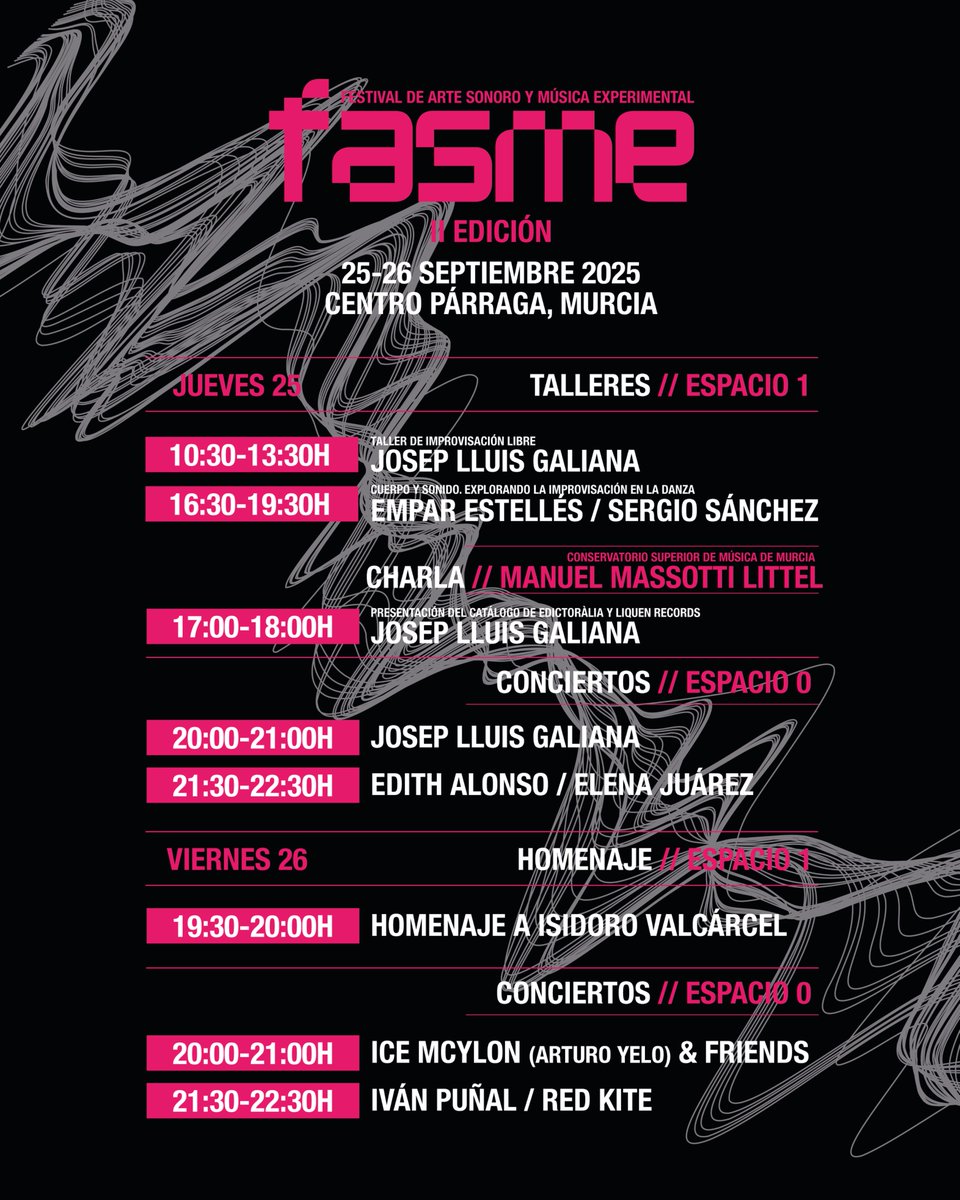 ⌚️≥19:30h!
💬 #Intonarumori ha desarrollado la II ed. del festival #FASME de Arte Sonoro y Música Experimental. Ayer el protagonista fue #JosepLluísGaliana y hoy homenaje a #IsidoroValcárcel, con conciertos x #IceMcylo &amp; friends e #IvánPuñal + #RedKite
📍 #CentroPárraga #Murcia