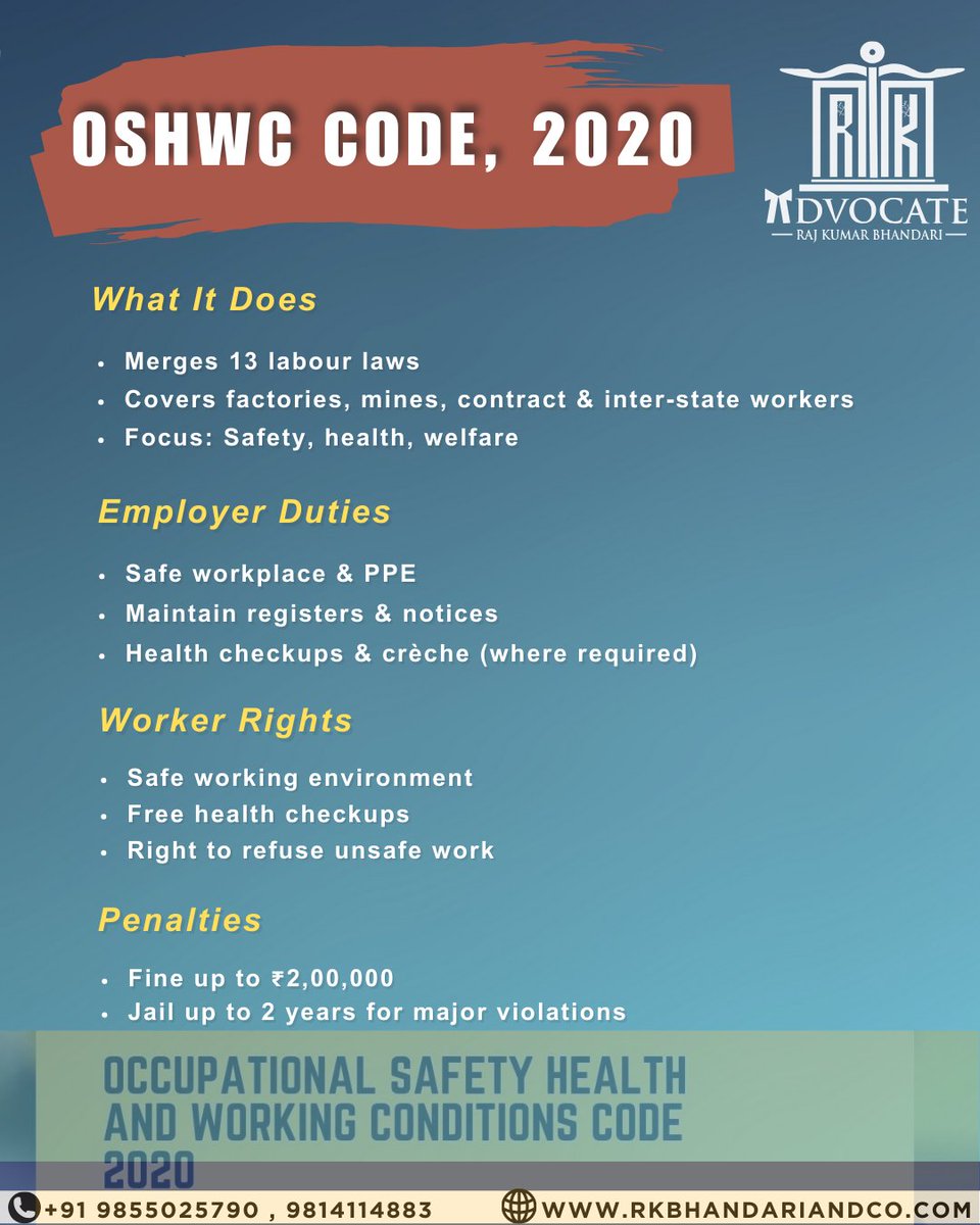 co_prabal's tweet image. 📞 For guidance on OSH Code compliance and implementation, contact:
📱 98141-14883 | 98550-25790
#OSHCode #LabourLaw #WorkplaceSafety #EmployeeWelfare #HRCompliance #IndustrialSafety