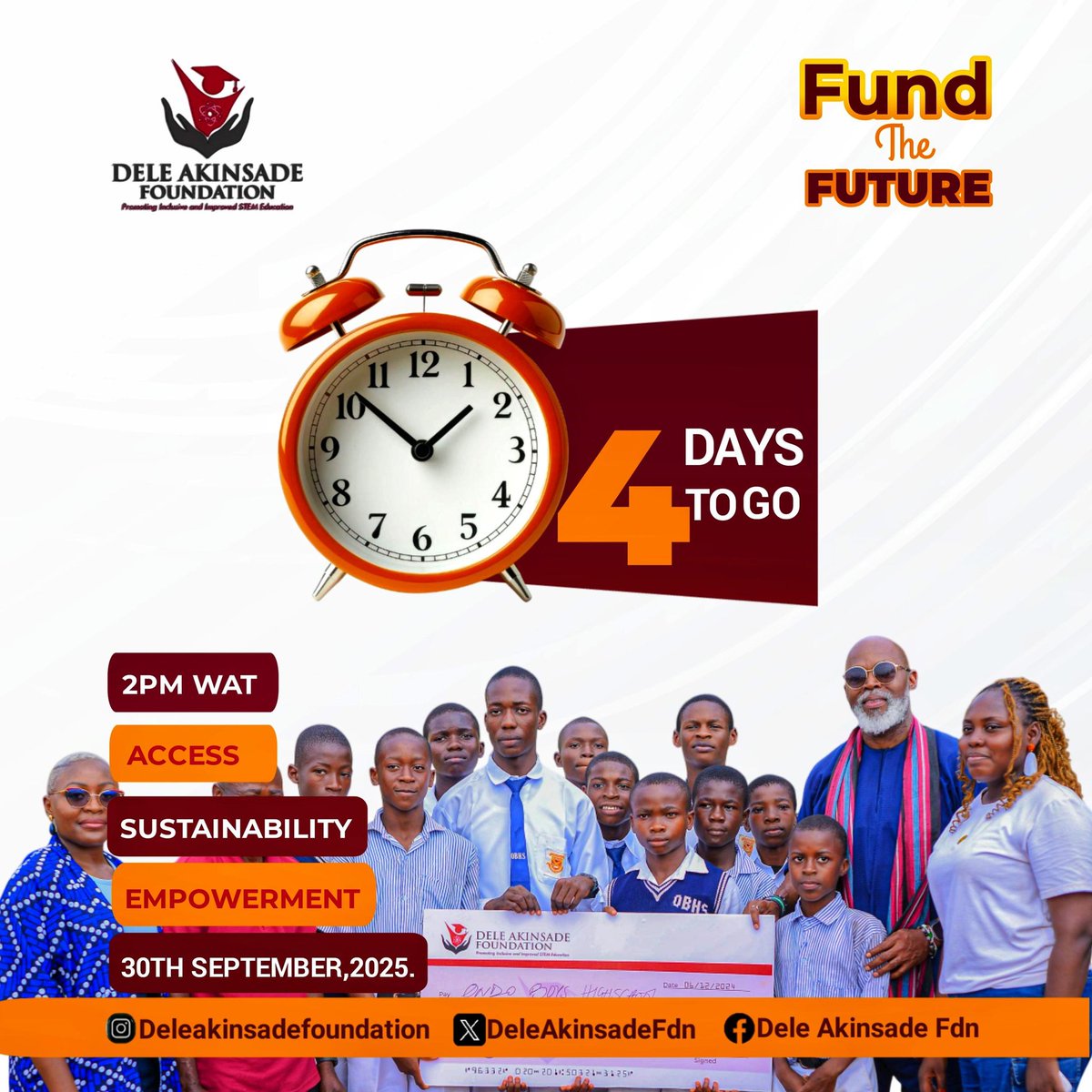 DeleAkinsadeFdn's tweet photo. 4 days to go 💃

Join us as we Fund the Future and empower the next generation in Ondo Kingdom.

Click the link in our bio to join!

#FundTheFuture
#InclusiveEducation
#SupportEducation
#GirlsInSTEM
#OndoKingdom
#EducationForAll
#DeleAkinsadeFoundation https://t.co/Og8OwwXCVs
