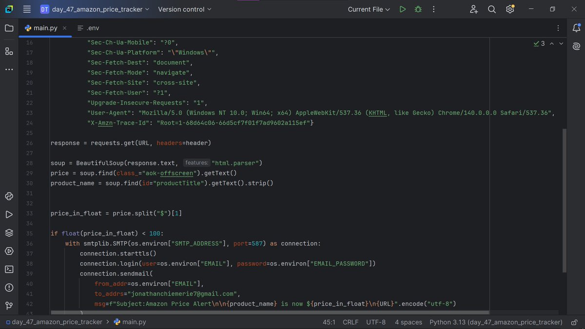 bluedev_py's tweet image. Day 47/100 – Intermediate+
> Amazon Price Tracker
> Built a project with Python + BeautifulSoup that sends an email alert when a product hits your target price
#100DaysOfCode
#pythonprogramming
#pythononlinetraining
