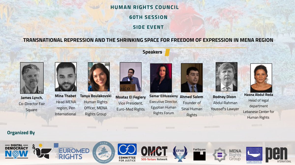 🚨 Happening now

Across Borders, Under Pressure: Transnational Repression and the Shrinking Space for Freedom of Expression in Egypt and Lebanon.

📍 Palais des Nations, Room XI – Geneva

🔗Join online: ungeneva-vc.webex.com/ungeneva-vc/j.…