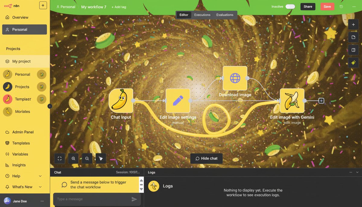 n8n_io's tweet image. The Gemini node just got a glow-up! With Nano Banana onboard, you can generate and edit images like never before.

To celebrate, we asked Nano Banana AI to go “all out banana” on our UI. Yes, it’s chaotic. Yes, it’s yellow. Yes, it’s probably a terrible idea. But it was too fun…