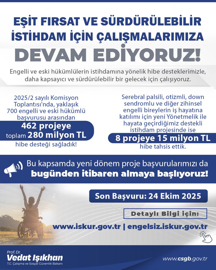 A person in a wheelchair raising their arms in a celebratory pose. Text overlay includes "EŞİT FIRSAT VE SÜRDÜRÜLEBİLİR İSTİHDAM İÇİN ÇALIŞMALARIMIZ DEVAM EDİYOR!" and details about hibe support, project budgets, and deadlines, with website links www.iskur.gov.tr and www.csgb.gov.tr.