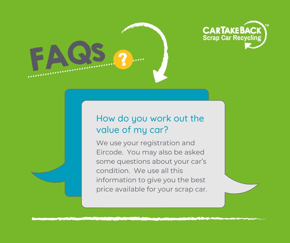 CarTakeBackIE's tweet image. How do we work out the value of your car? ...Visit our FAQs to learn more 🚙 😊
cartakeback.ie/more-info/
