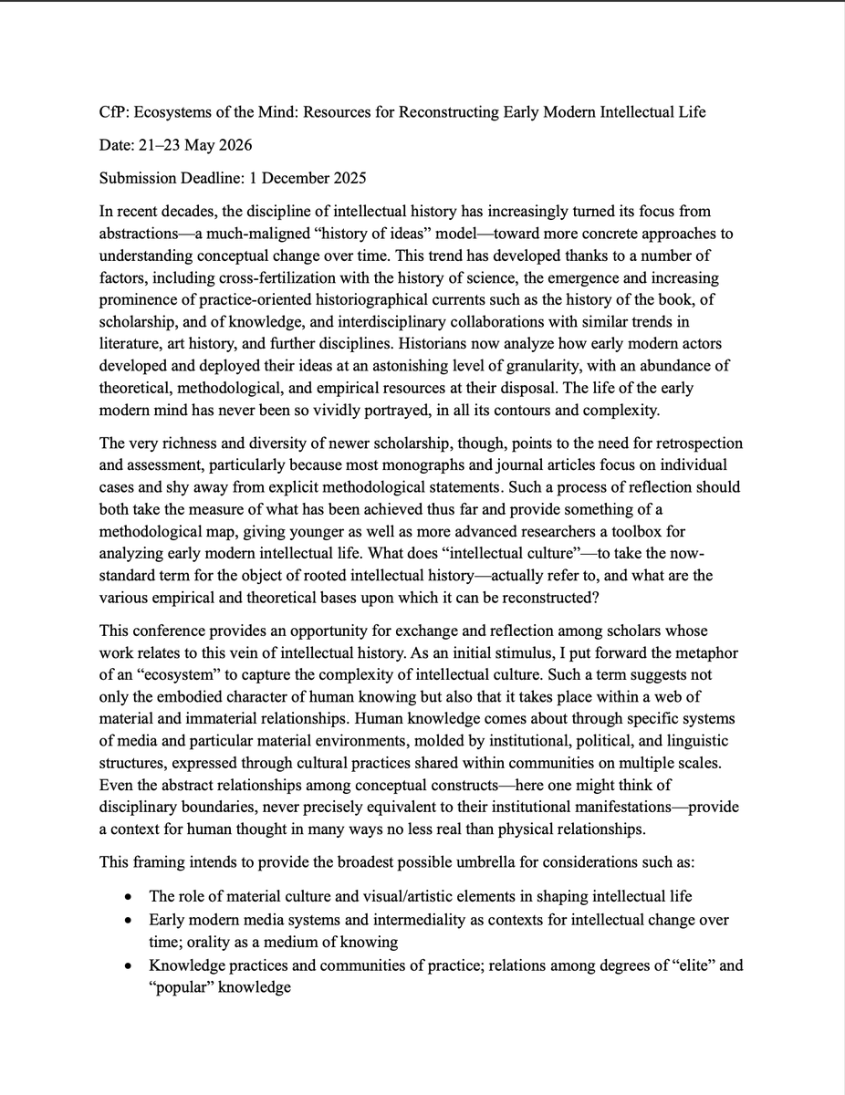 tomas_a_valle's tweet photo. CFP: Ecosystems of the Mind: Resources for Reconstructing Early Modern Intellectual Life || 21–23 May 2026 || Hamburg, DE

Please spread broadly! Feel free to reach out with questions. https://t.co/y2ZVpFAY62