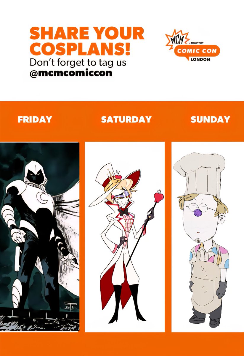 BigManHaze's tweet photo. This October, I shall be attending London MCM Comic Con all weekend!

Friday i'll be Moon Knight, Saturday i'll be Lucifer. And Sunday i'll be Tim from Bigtop Burger for a group cosplay with my friends!

#MCMComicCon #HazbinHotel #HazbinHotelLucifer 
#Cosplay #Cosplan https://t.co/yw4Wke5m9Z