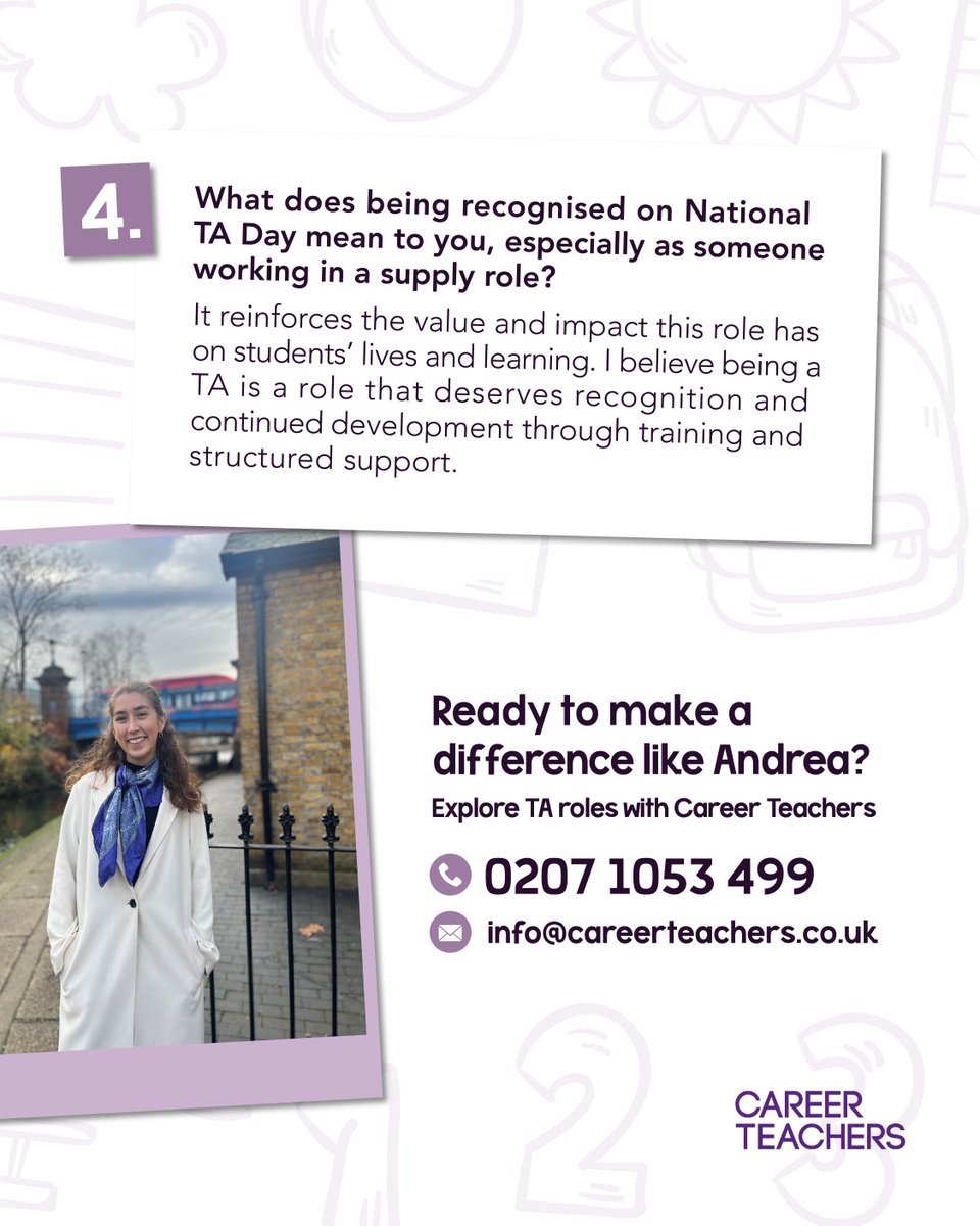 CTnewjobs's tweet image. 🎉 Happy #NationalTADay!

Meet Andrea, one of our amazing TAs, sharing what she loves most about her role. 🌟

Explore TA careers with Career Teachers 👉 tinyurl.com/ye2yz4dz

#CareerTeachers #TeachingAssistantJobs