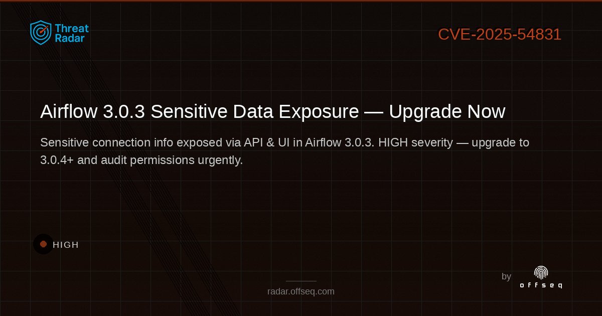 offseq's tweet image. 🚨 HIGH severity alert: Apache Airflow 3.0.3 exposes sensitive connection info to users with READ access via API & UI. Upgrade to 3.0.4+ ASAP! 🔒 radar.offseq.com/threat/cve-202… #OffSeq #ApacheAirflow #Cybersecurity