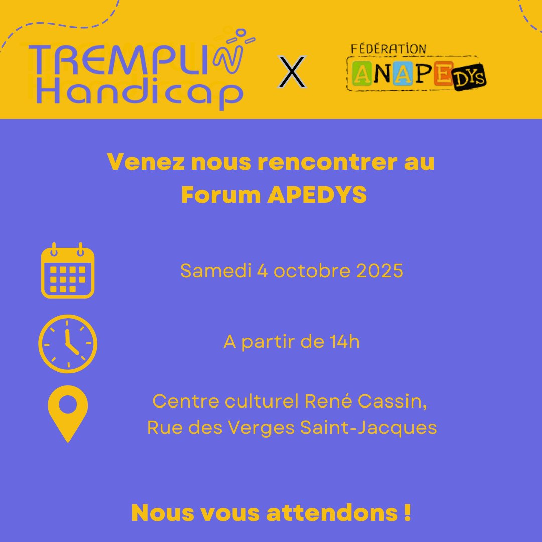 TREMPLIN HANDICAP (@tremplin_handi) on Twitter photo 📣 Nous vous donnons rendez-vous le 4 octobre au #forum APEDYS !
❗A Dourdan, à partir de 14h
✅ Venez découvrir nos actions en faveur des #jeunes en situation de #handicap 📣 Nous vous donnons rendez-vous le 4 octobre au #forum APEDYS !
❗A Dourdan, à partir de 14h
✅ Venez découvrir nos actions en faveur des #jeunes en situation de #handicap