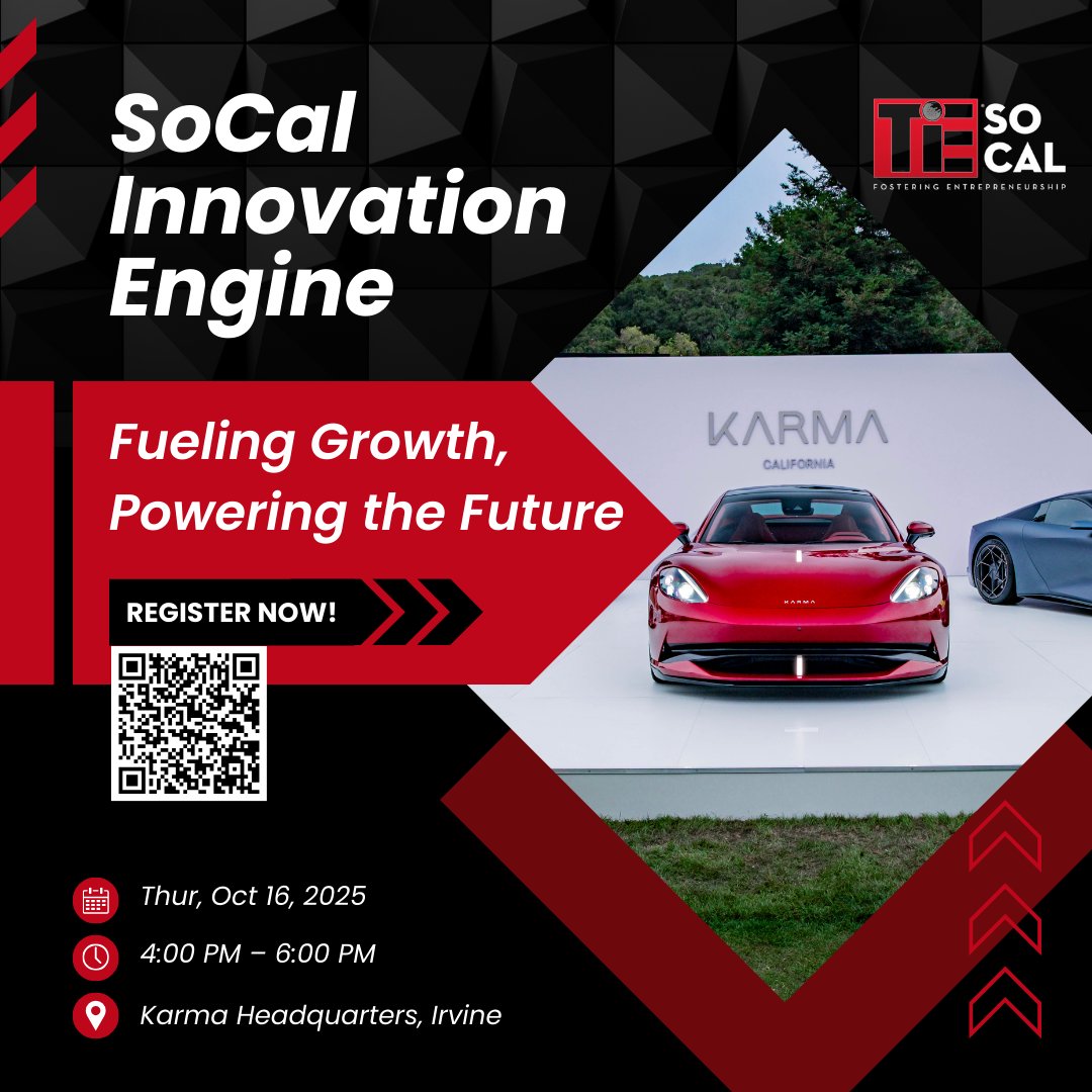 That’s exactly what you’ll experience at the TiE SoCal Innovation Engine this October at Karma HQ, Irvine.

Be there on Thursday, Oct 16, 2025 (4–6 PM).

Register today at events.tie.org/SoCal-Innovati…

#TiESoCal #InnovationEngine #Leadership #Entrepreneurship #SoCalEvents