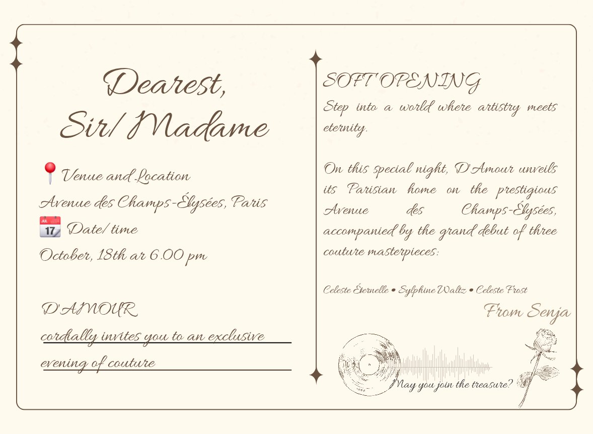 Nannan. (@ruonann_) on Twitter photo ๐ฆ๐ข๐๐ง ๐ข๐ฃ๐๐ก๐๐ก๐ ๐ฆ๐๐ข๐ช๐๐๐ฆ๐
On this special night, DโAmour unveils its Parisian home on the prestigious Avenue des Champs-รlysรฉes, accompanied by the grand debut of three couture masterpieces:
Celeste รternelle ยท Sylphine Waltz ยท Celeste Frost
ใ
คใ
คใ
ค ๐ฆ๐ข๐๐ง ๐ข๐ฃ๐๐ก๐๐ก๐ ๐ฆ๐๐ข๐ช๐๐๐ฆ๐
On this special night, DโAmour unveils its Parisian home on the prestigious Avenue des Champs-รlysรฉes, accompanied by the grand debut of three couture masterpieces:
Celeste รternelle ยท Sylphine Waltz ยท Celeste Frost
ใ
คใ
คใ
ค