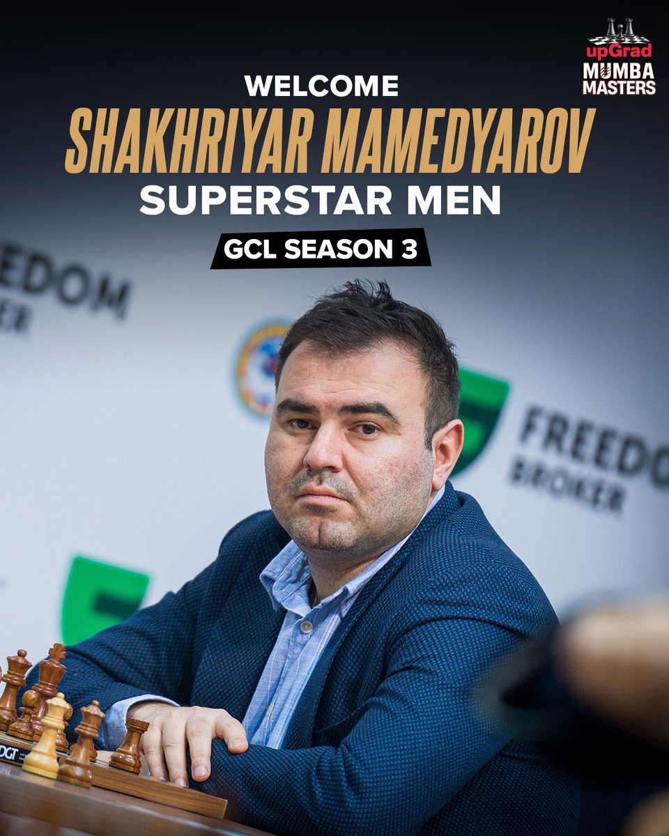 umumba's tweet image. The Azerbaijani powerhouse is now a Mumba Master ♟️
Welcoming GM Shakhriyar Mamedyarov in the Superstar Men category 👑 

📸: Lennart Ootes / FIDE

#upGradMumbaMasters #TechMGCL 

⁦@RonnieScrewvala⁩ ⁦@suhailchandhok⁩ ⁦@upGrad_edu⁩ ⁦@Shakhmamedyarov⁩