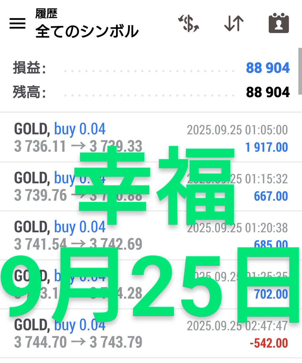 ExpertAdvisor
【福】Group

🔥幸福　9/24
🎊利益 ¥88,904
😥DD   ¥-104,012

安定型　順張り
・独自のロジックを搭載した順張りEA
・指標停止機能搭載。
・ナンピン幅、ナンピン倍率、利確pips、トレールがパラメーターで設定可
#ad
#順張りGOLDEA
👇😘
line.me/ti/g2/JG7XfDSH…