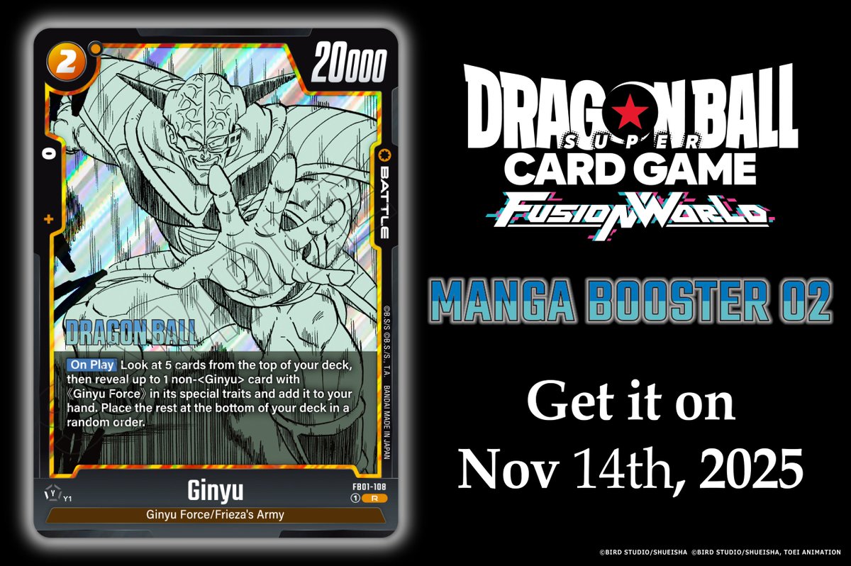 SB02 Card Reveals] Today we're revealing the Battle Card Ginyu from the  MANGA BOOSTER 02 [SB02]! It'll be released on Nov. 14 2025! Details:  https://t.co/mVUQcPQHKo #DragonBall #dbfw #FusionWorld #dbscardgame