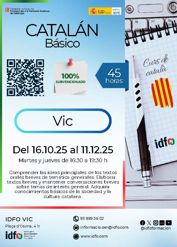 Nou curs de Català bàsic per a principiants adreçat a treballadors-es en actiu.
#cursossubvencionats  #IDFOformacio
Inscripcions a la nostra web:
idfo.com/curso/catala-b…