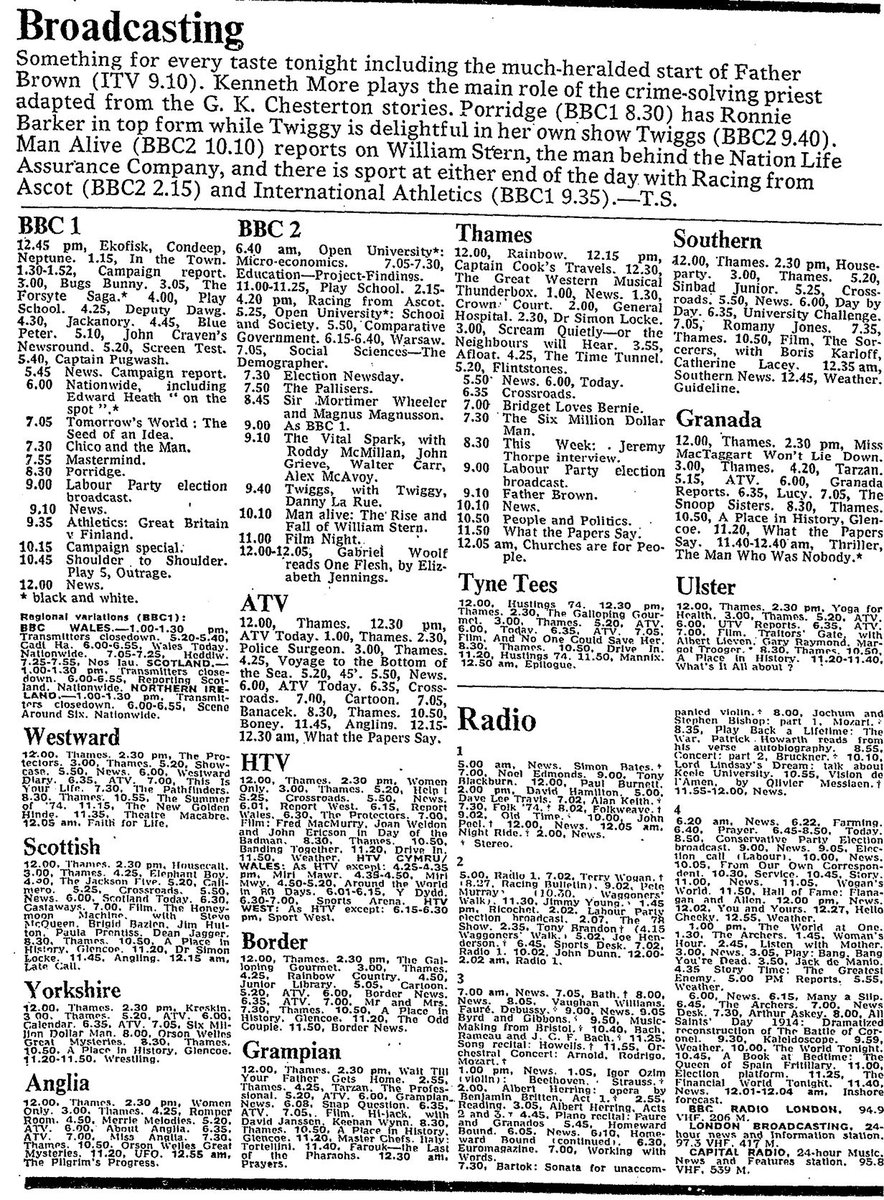 26th September 1974:

20:30 Porridge - A Day Out (BBC One)
ok.ru/video/10392953…

Mr McKay leaves Mr Barrowclough in charge of a prison work party, chaos ensues.

21:10 Father Brown - Hammer of God (ITV)
ok.ru/video/10393026…

The village scoundrel is murdered, but by who?