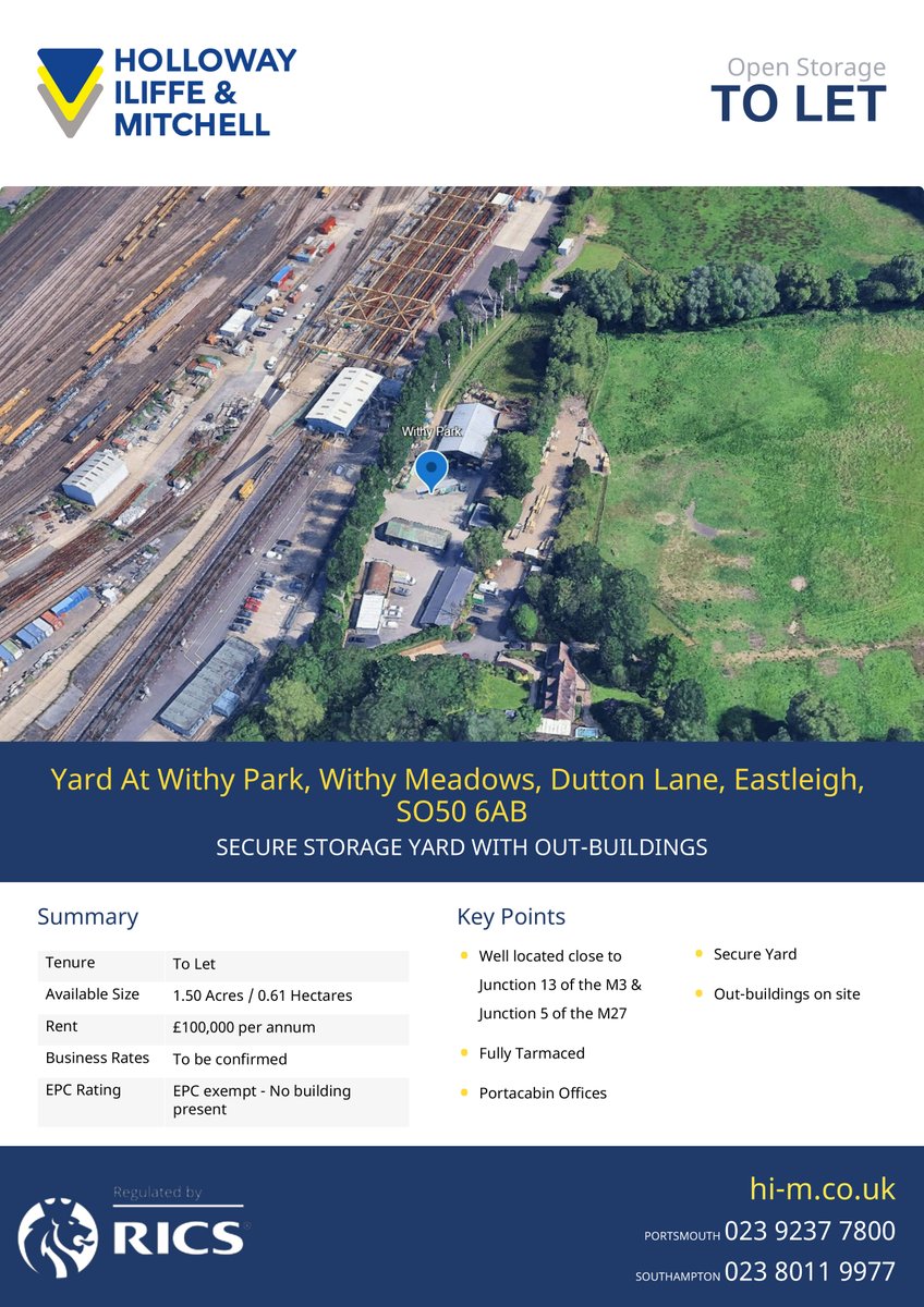 *** NEW INSTRUCTION *** Secure yard with out-buildings to let in Eastleigh.  1.50 acres, well located close to J13 of the M3 and J5 of the M27.  Available for storage purposes with fully functional temporary office.  Contact: tom@hi-m.co.uk