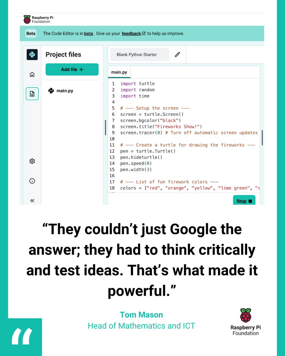 RaspberryPi_org's tweet image. In our new blog we explore how a secondary school teacher from South East London transformed his text-based programming lessons using the Code Editor for Education 👨‍🏫

Students experimented, created and problem-solved with confidence.

 👉 rpf.io/blog-cefe-cs

#RPFEditor