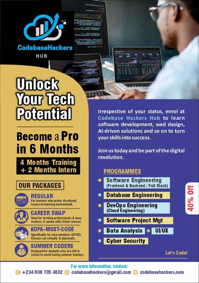 Codebasehackers's tweet image. 🚀 BIG ANNOUNCEMENT! 🚀
We are giving out a 40% BONUS DISCOUNT on all our Tech Courses! 🎉
📞 Call/WhatsApp us on +234-808-705-4632
🌐 Visit: codebasehackers.com
👉 Hurry! Offer valid for a limited time.
#LearnTech #TechSkills #FutureReady #CodeToSuccess #Tech training