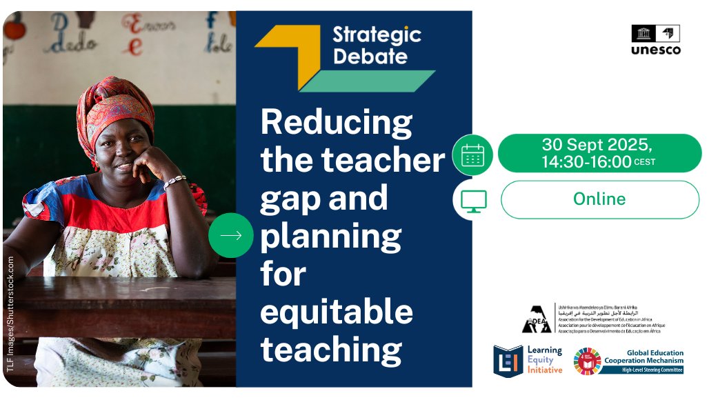 Register now for <a href="/IIEP_UNESCO/">IIEP-UNESCO</a> #StrategicDebate #3: Reducing the teacher gap and planning for equitable teaching!

🗓️ 30 Sept
🔗 my.iiep.unesco.org/2025-strategic…
🤝 In partnership with <a href="/ADEAnet/">ADEA</a> &amp; the Learning Equity Initiative

#TeachersMissing #InvestInTeachers