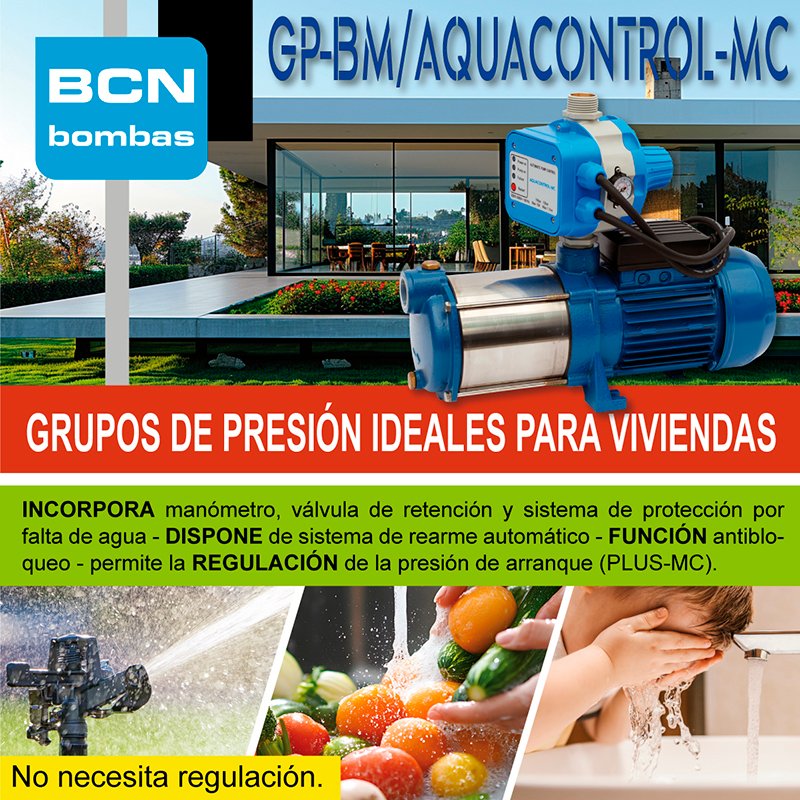 Grupos de presión GPBM de control automático, ideal para uso doméstico como el suministro de agua en viviendas, riegos por aspersión, etc. Mientras exista un consumo de agua mantiene conectada la bomba a una presión constante según el caudal solicitado.