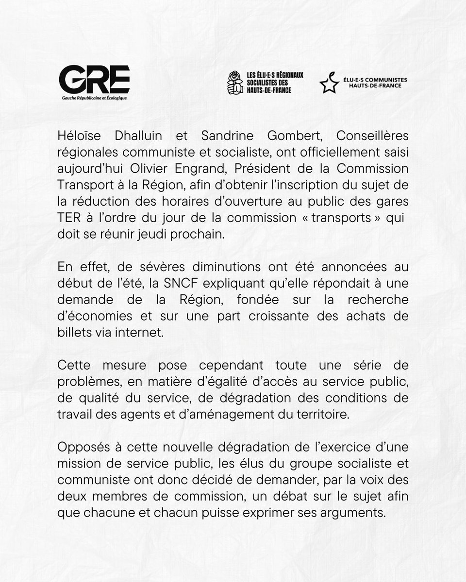 🚉 Réduction des horaires d’ouverture des guichets TER : une atteinte à l’égalité d’accès au service public et aux conditions de travail des agents.

Avec les <a href="/CommunistesHDF/">Elu.e.s régionaux communistes en Hauts de France</a>, nous demandons un débat approfondi sur cette décision injuste !