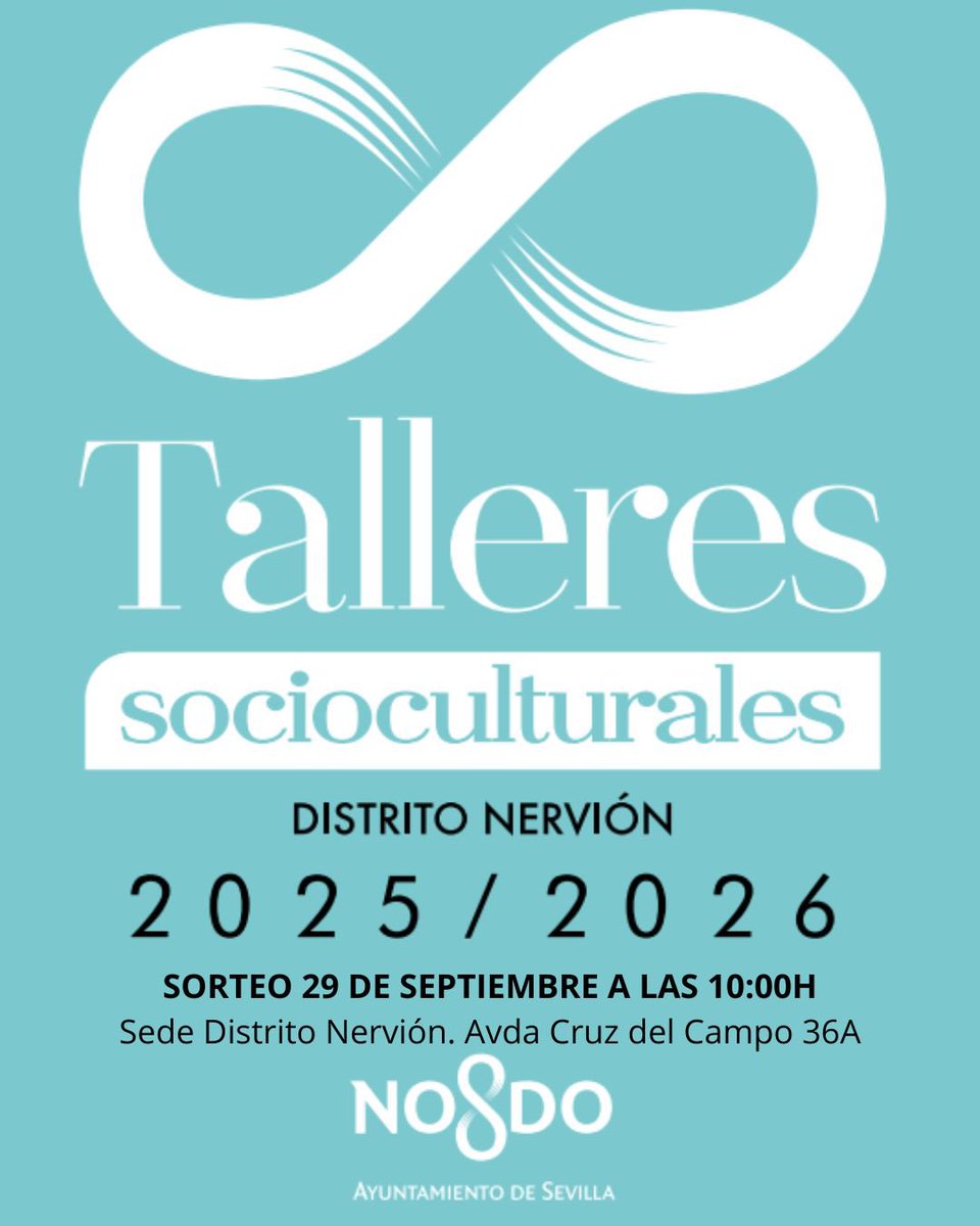 📢 Este lunes 29 de septiembre a las 10:00h en la sede del Distrito Nervión (Avda. Cruz del Campo, 36A) se celebrará el sorteo de los talleres socioculturales 25/26.
👉 Acto abierto al público.

#DistritoNervión #Sevilla