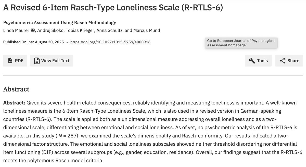 Check out this new analysis of the Revised 6-Item Rasch-Type Loneliness Scale (R-RTLS-6) at econtent.hogrefe.com/doi/10.1027/10…