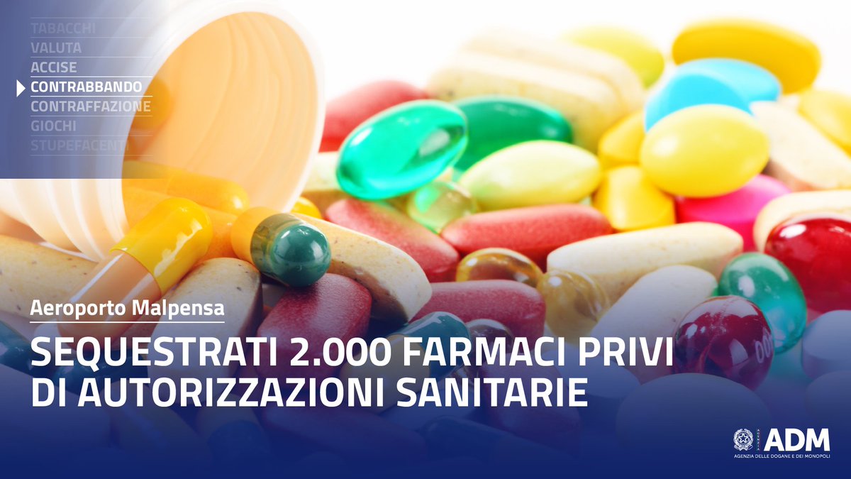 Aeroporto di #Malpensa: 1.980 farmaci non conformi e 200 flaconi di un insetticida dannoso per l'uomo sono stati sequestrati da #ADMgov e <a href="/GDF/">Guardia di Finanza</a>, nel corso dell’attività di vigilanza nello scalo.​

Leggi il comunicato 👉​
adm.gov.it/portale/docume…