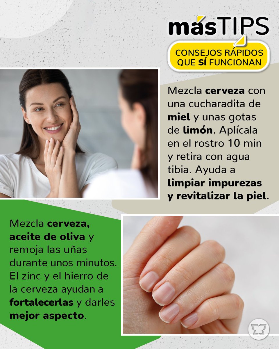 Mira estos usos de la cerveza 🍺 que seguro no conocías:

👕 Quitar manchas de café o té en la ropa.
🥩 Marinar la carne.
🌿 Mascarilla con cerveza, miel y limón para tu piel.
💅 Mezcla cerveza con aceite para mejorar las uñas.

#masymasSupermercados #trucos #consejos #hogar