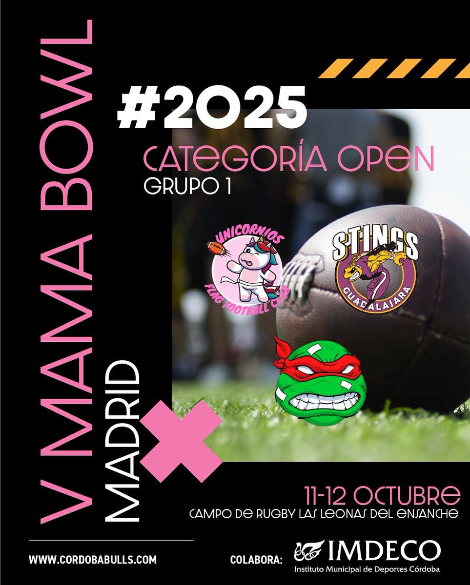 💗 ¡Histórico!
Los Córdoba Bulls debutamos fuera de Andalucía en el V MAMÁ Bowl (Madrid), torneo benéfico contra el cáncer de mama.

Fase de grupos:
🐢 Tortugas Ninja Flag
🦄 Unicorns Flag
🐝 Guadalajara Stings

¡Vamos Bulls! 🐂🔥
<a href="/IMDECO_/">IMDECO</a>