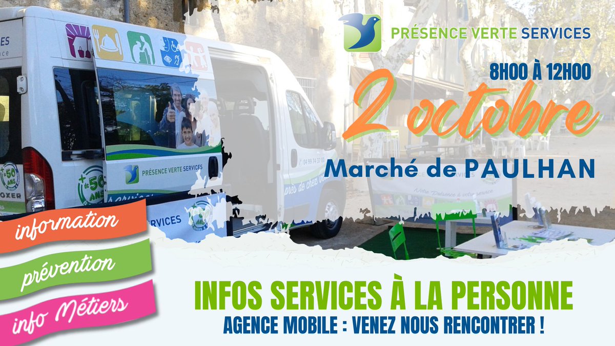 📢L’Agence Mobile Présence Verte Services fait escale à Paulhan !  

📅2 octobre | 8h-12h
💡Infos sur les services à la personne, conseils pour bien vieillir, découverte des métiers de l’aide et du soin.

Venez échanger avec nos professionnels !🤝