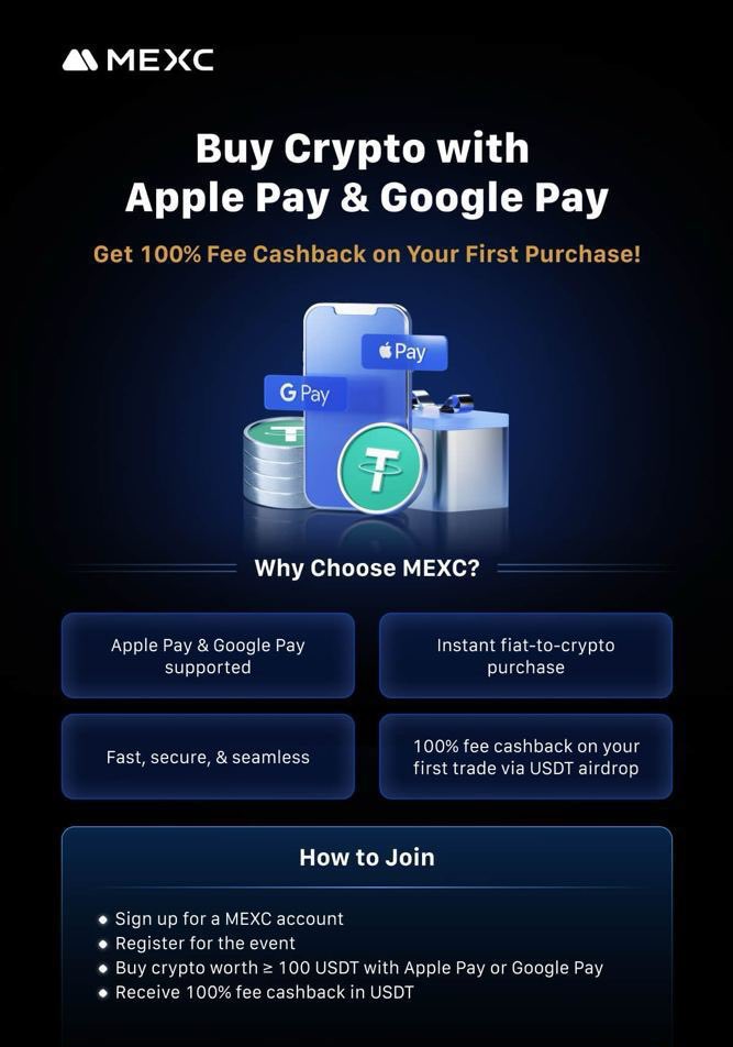 Huge update from <a href="/MEXC_Official/">MEXC</a>: you can now buy crypto with Apple Pay &amp; Google Pay 🎉

And as a launch promo, they’ll return your first $100 purchase in full (cashback in USDT).

Join here:
mexc.com/acquisition/cu…