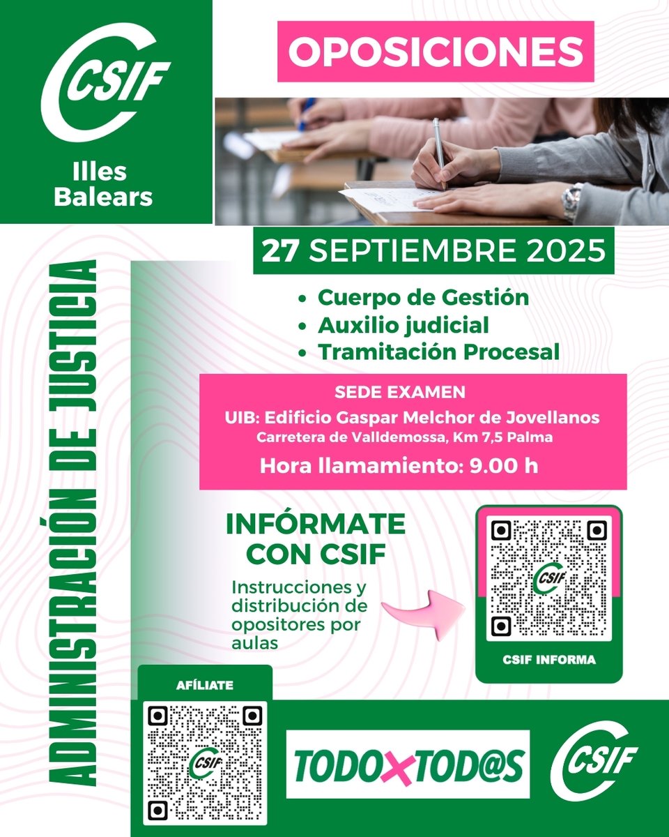 CSIF_BALEARES's tweet image. Oposiciones justicia: Delegados de #CSIF acompañarán a los más de 1.300 aspirantes que se examinan este sábado en Baleares de las oposiciones a los Cuerpos de Gestión, Tramitación y Auxilio Judicial de la Administración de Justicia. 
Más info: csif.es/es/articulo/ba…