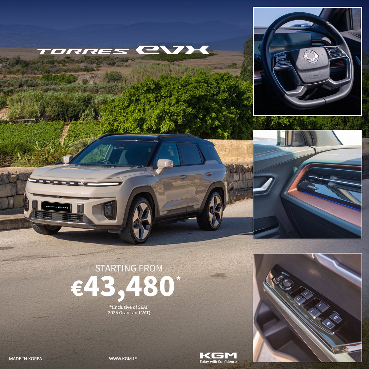 𝗞𝗚𝗠 𝗧𝗼𝗿𝗿𝗲𝘀 𝗘𝗩𝗫: 𝗣𝗼𝘄𝗲𝗿 𝗧𝗵𝗮𝘁 𝗟𝗮𝘀𝘁𝘀. 𝗔 𝗪𝗮𝗿𝗿𝗮𝗻𝘁𝘆 𝗧𝗵𝗮𝘁 𝗣𝗿𝗼𝘃𝗲𝘀 𝗜𝘁. 🔋The Torres EVX brings bold design, premium comfort, and smart tech. 10-Year / 1M km Battery Warranty Discover it at your nearest KGM dealer 📷 kgm.ie